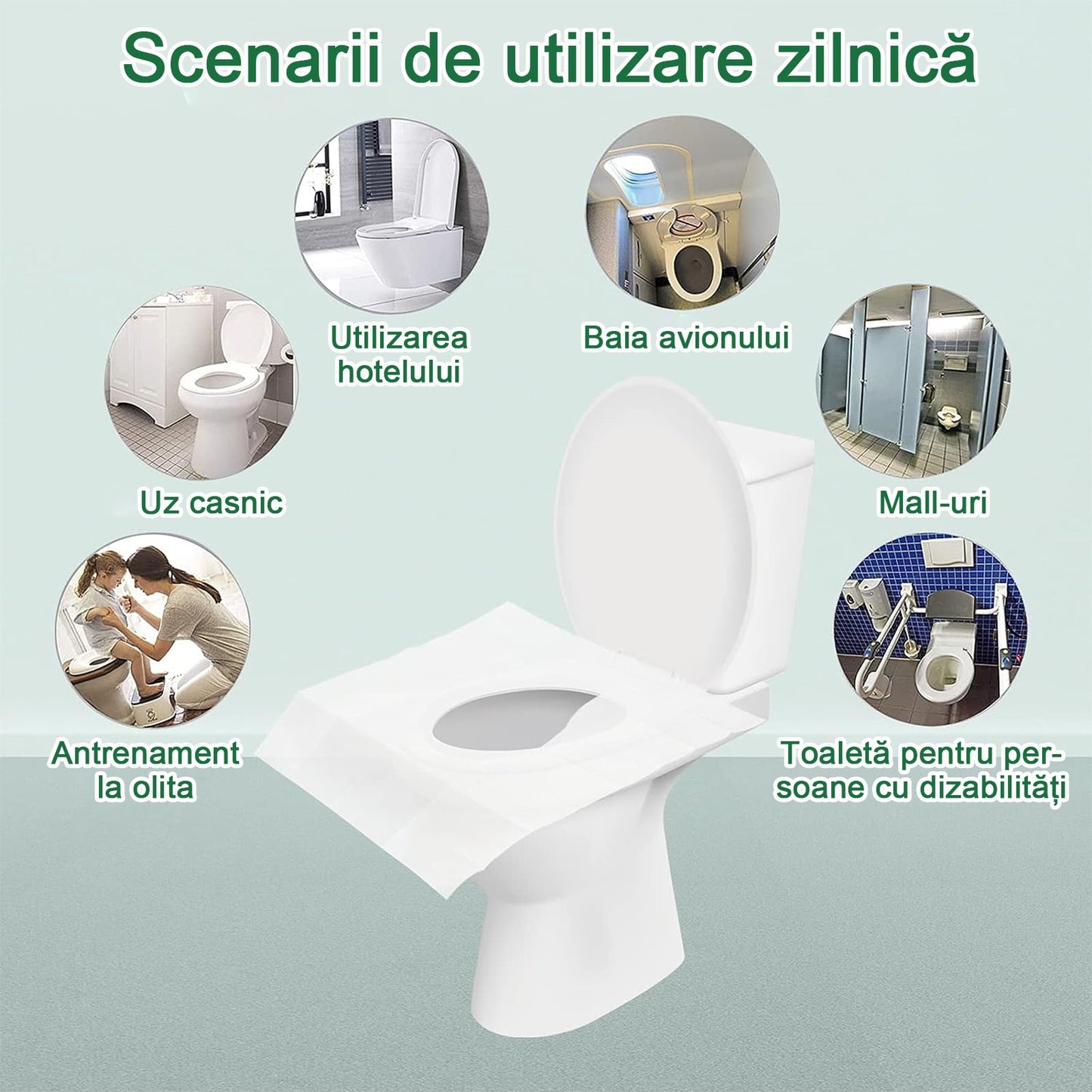 Set 100 protectii de toaleta de unica folosinta, portabil, pentru adulti si copii, potrivit pentru utilizare in calatorii, restaurante, Verde