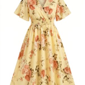 Women's Casual Dress, Suitable for Spring, Summer, and Autumn Wear. Features a Stylish and Elegant Bohemian Floral Print, Mid-length with Short Sleeves and a Hooded Top. V-neck, Loose Fit, Elasticized Waist for a Effect, and Ruffled Sleeves