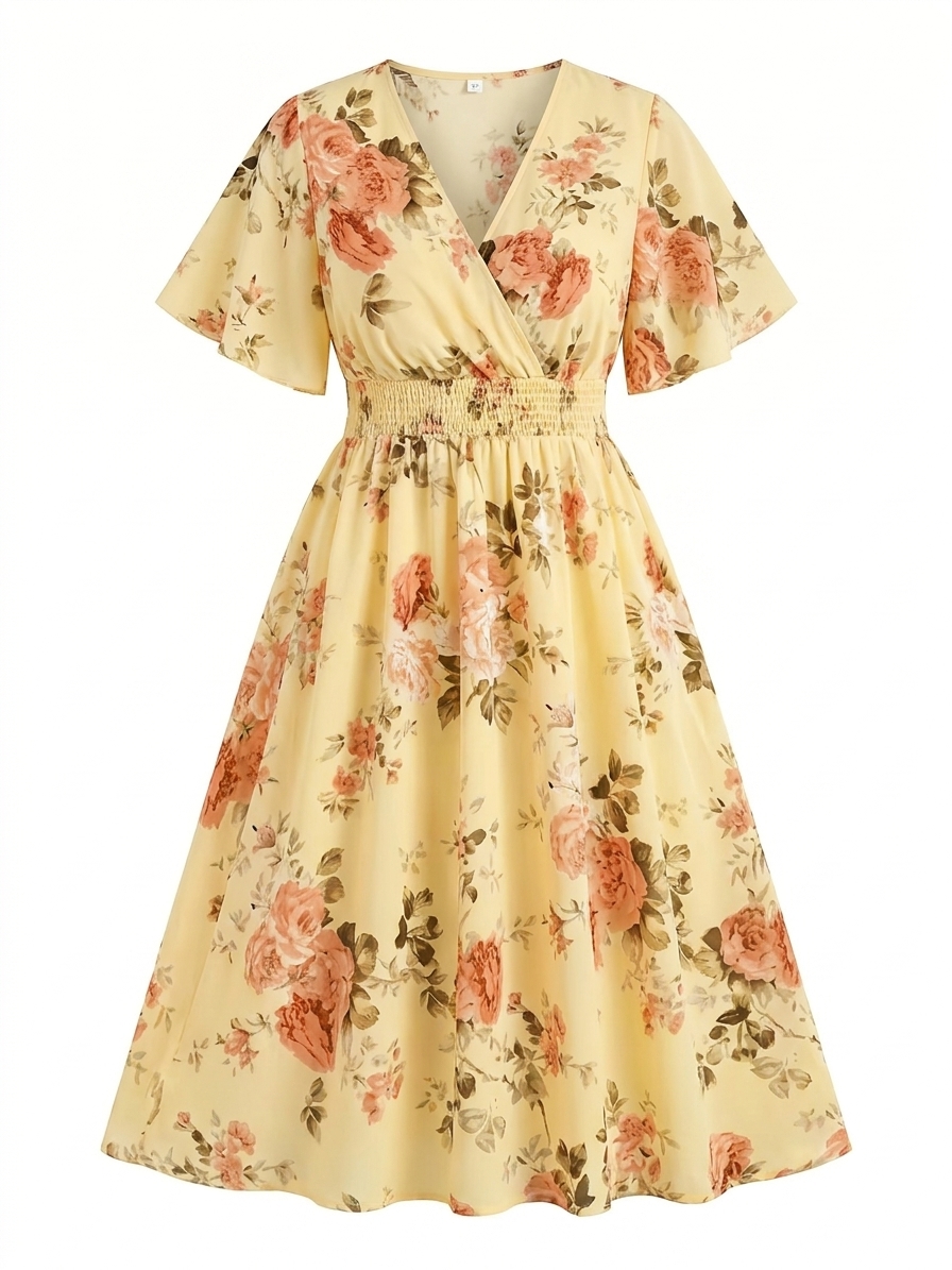 Women's Casual Dress, Suitable for Spring, Summer, and Autumn Wear. Features a Stylish and Elegant Bohemian Floral Print, Mid-length with Short Sleeves and a Hooded Top. V-neck, Loose Fit, Elasticized Waist for a Effect, and Ruffled Sleeves