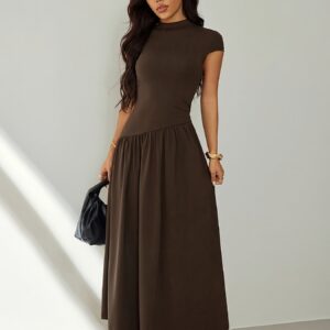 Women's Solid Color Stand Collar Puff Sleeve Pleated Long Casual Dress, Summer Dress