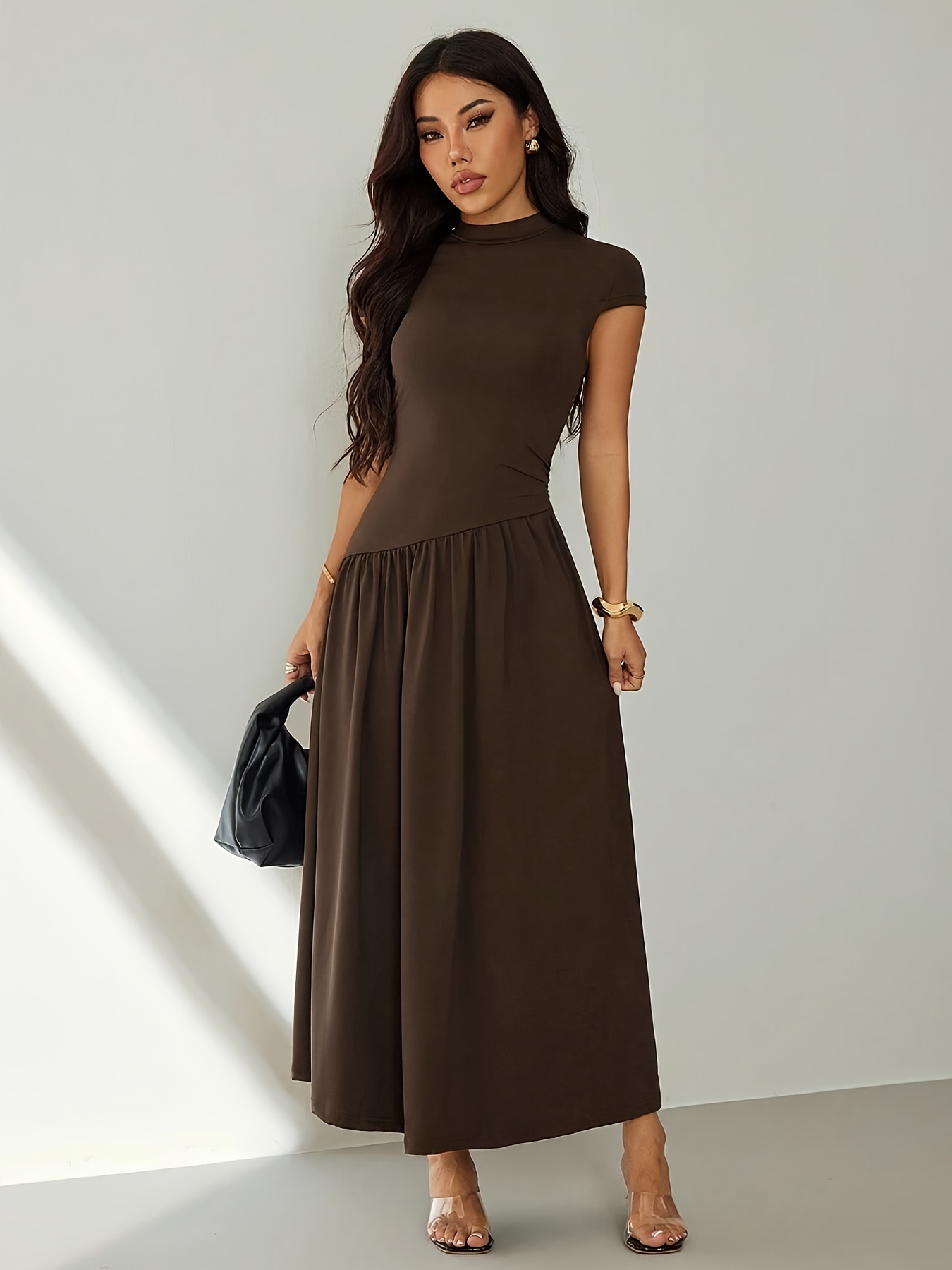 Women's Solid Color Stand Collar Puff Sleeve Pleated Long Casual Dress, Summer Dress